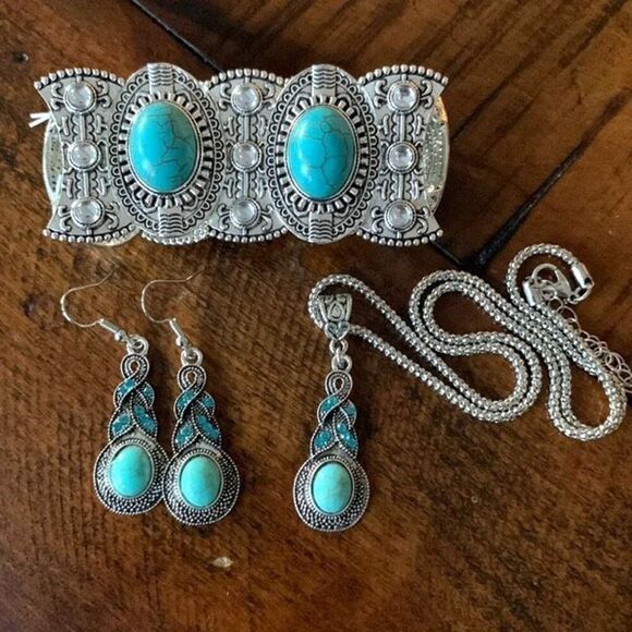 High Desert Jewelry Set – Silver & Turquoise, Western Boho Style - Picture 1 of 9